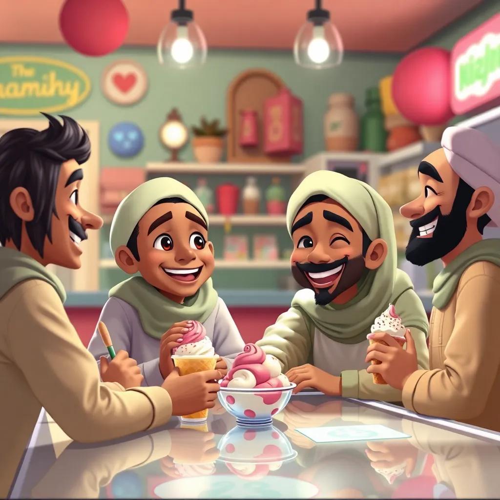 A scene of Thamer and Othman sharing ice cream with their friends, all laughing and enjoying their time together, colorful ice cream shop, friendly and cozy environment, heartwarming