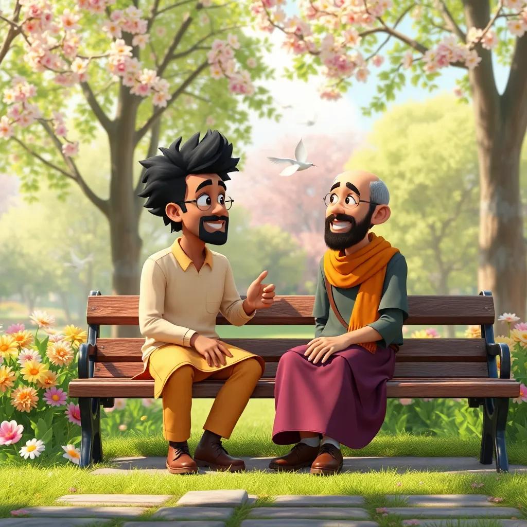 A park with blooming flowers, where Thamer and Othman are sitting on a bench discussing their victory, sunny day, birds flying, relaxed and joyful atmosphere, meaningful friendship moment
