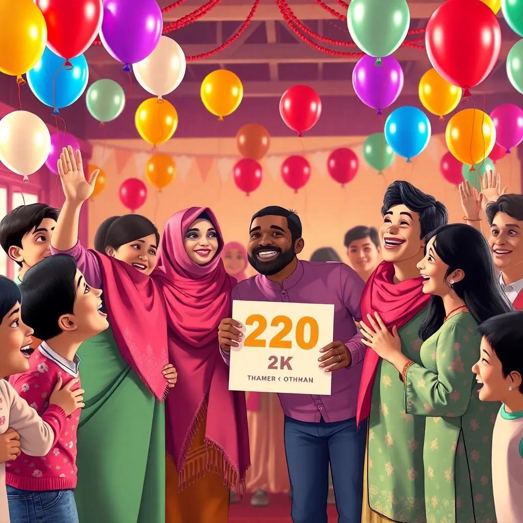 Thamer and Othman with their family and friends, celebrating their second place win in a joyful gathering, colorful balloons and decorations, laughter and warmth in the air, community spirit