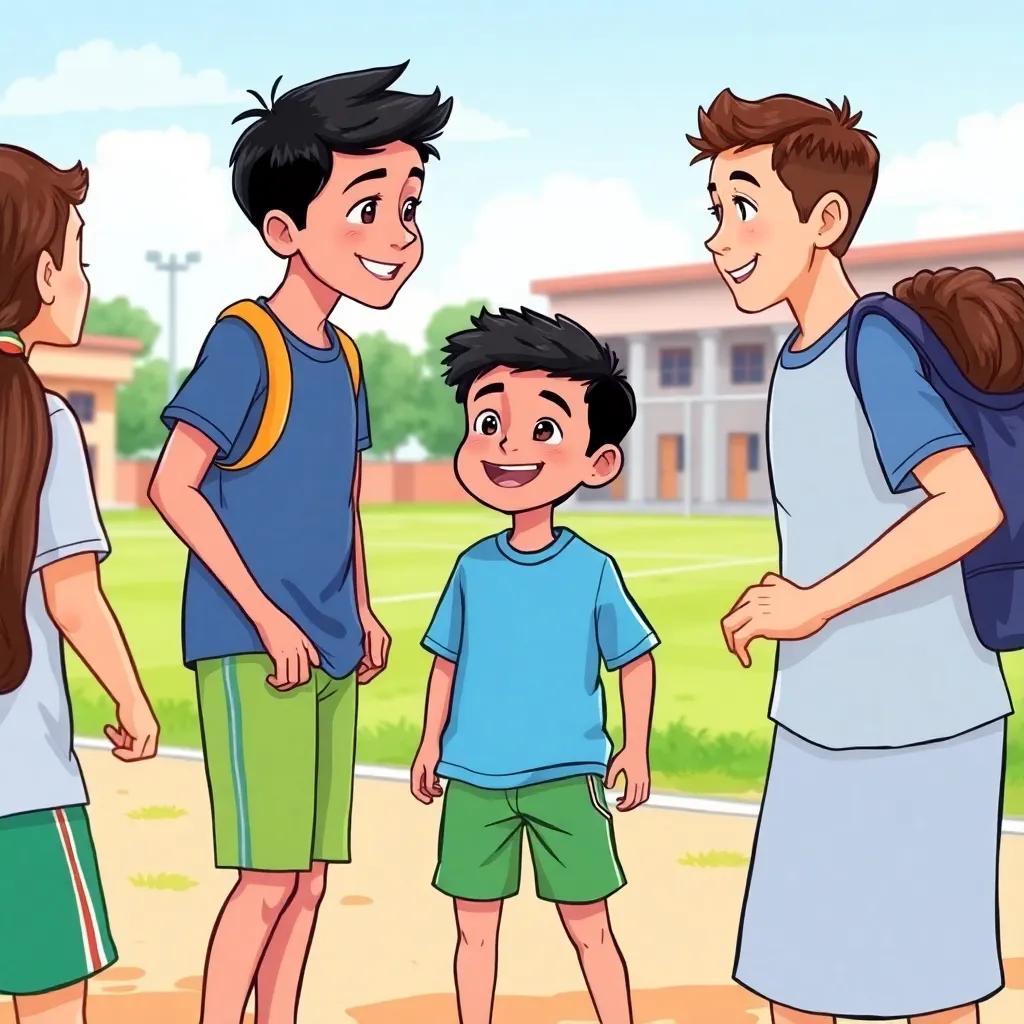 Ahmad, a young Arab boy with short black hair in a blue shirt and green shorts, smiling while talking to his friends after a football match, background of school playground, encouragement and camaraderie, bright and happy tone, realistic, friendly atmosphere