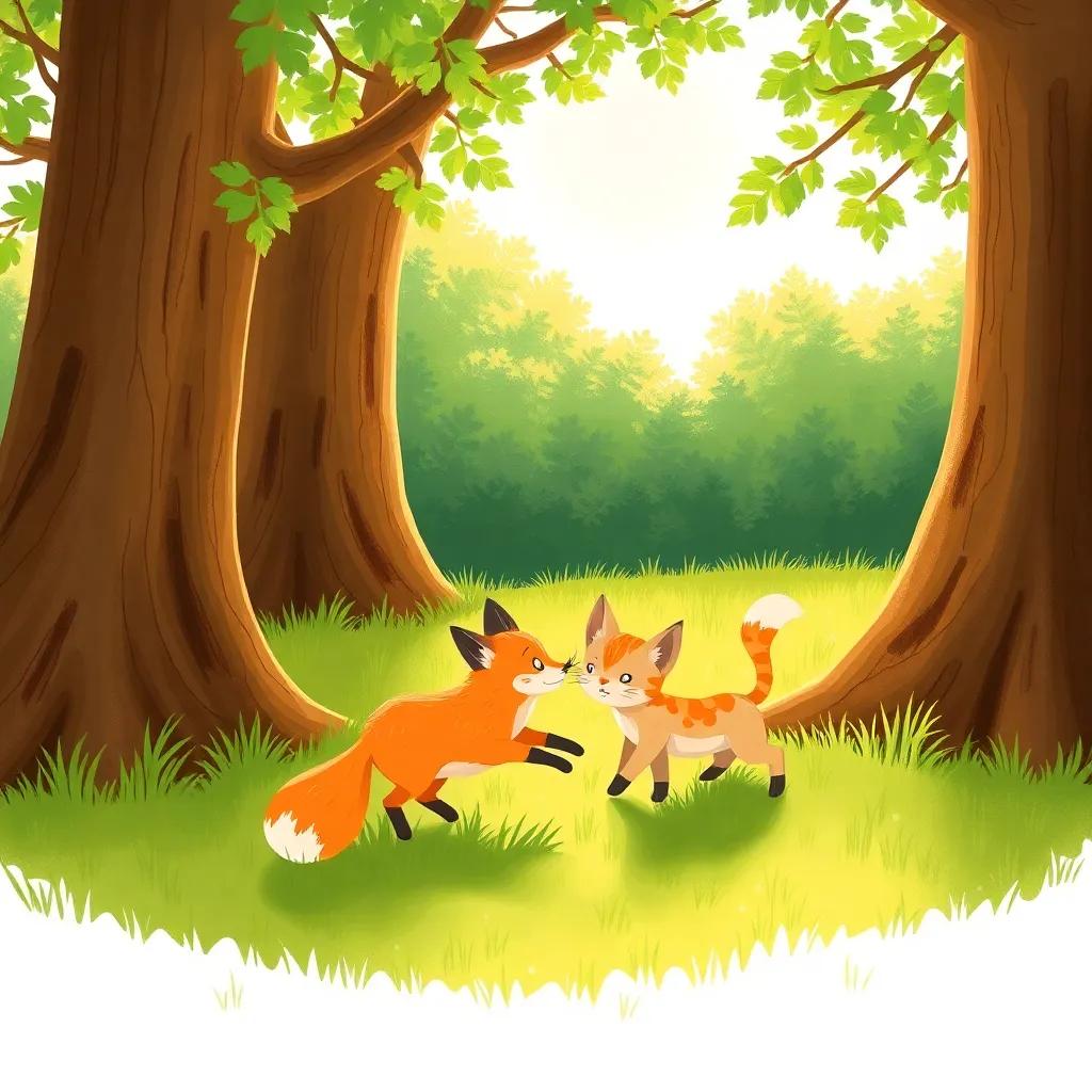 A fox and a cat playing together around big trees, lush green grass shining in the sun, playful mood, animal friends having fun