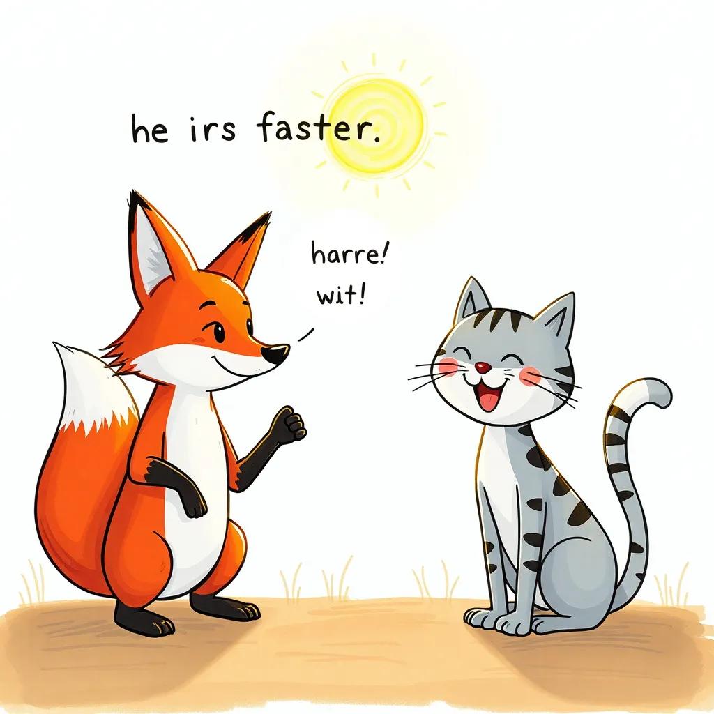 A competitive fox saying he is faster to a cat, both smiling under the bright sun, friendly rivalry, lighthearted scene