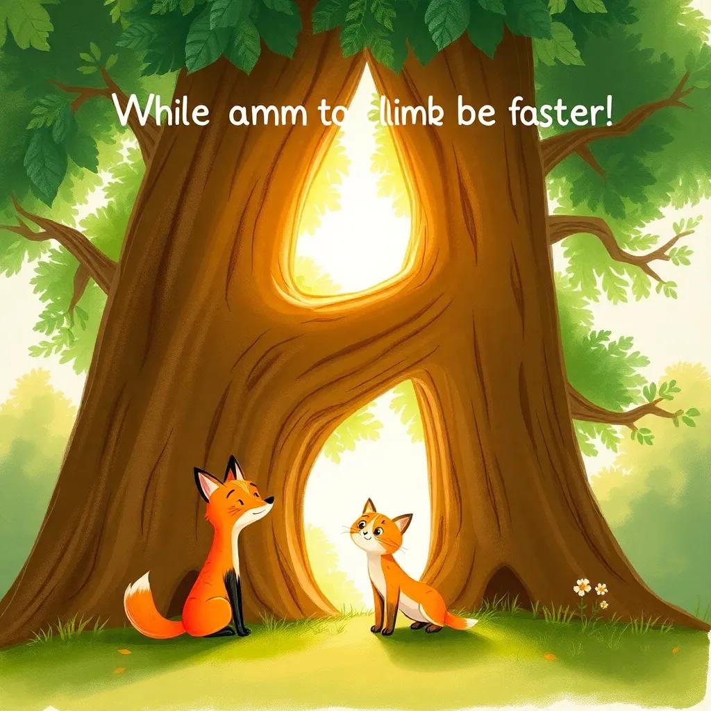 A fox and cat talking about who can climb the tree faster, a big tree in front with sunlight peeking through, inviting atmosphere