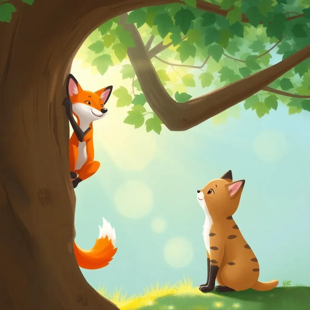 A fox climbing a tree and a cat watching him, excitement in the air, soft sunlight filtering through the leaves, colorful painting