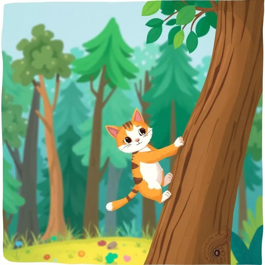 A careful cat climbing the tree, moving slowly with a determined look, bright colors of the forest in the background, fun vibe