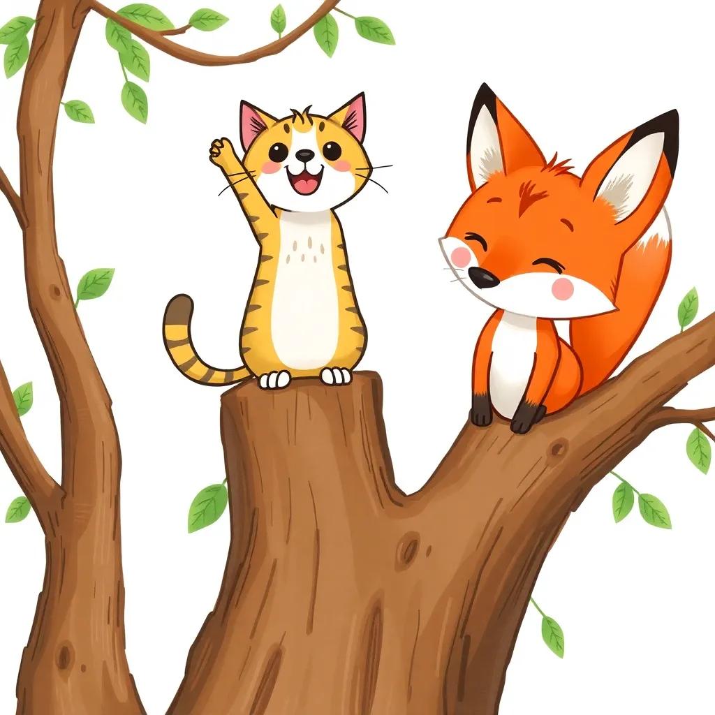 A cat proudly at the top of the tree, fox looking up, friendly rivalry, happy expressions on their faces