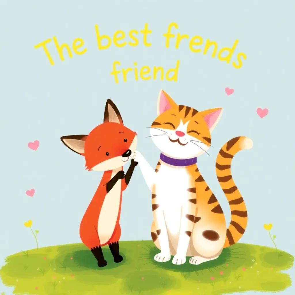 The fox and cat as best friends, playful and joyful atmosphere surrounding them, colorful and bright illustration