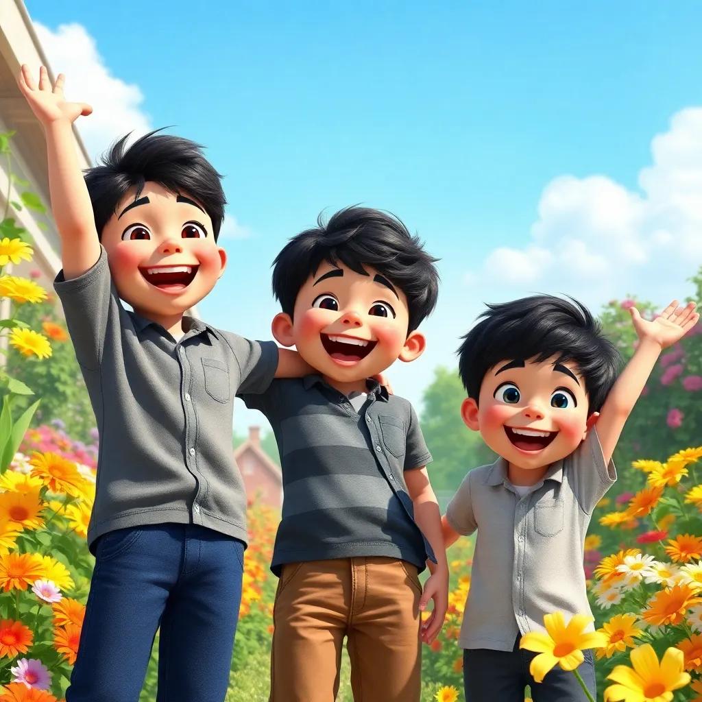 Three brothers, with dark hair, wearing casual clothes, standing excitedly in a garden with colorful flowers and a clear blue sky, cheerful atmosphere, vibrant colors, joyful mood, highly detailed, digital art