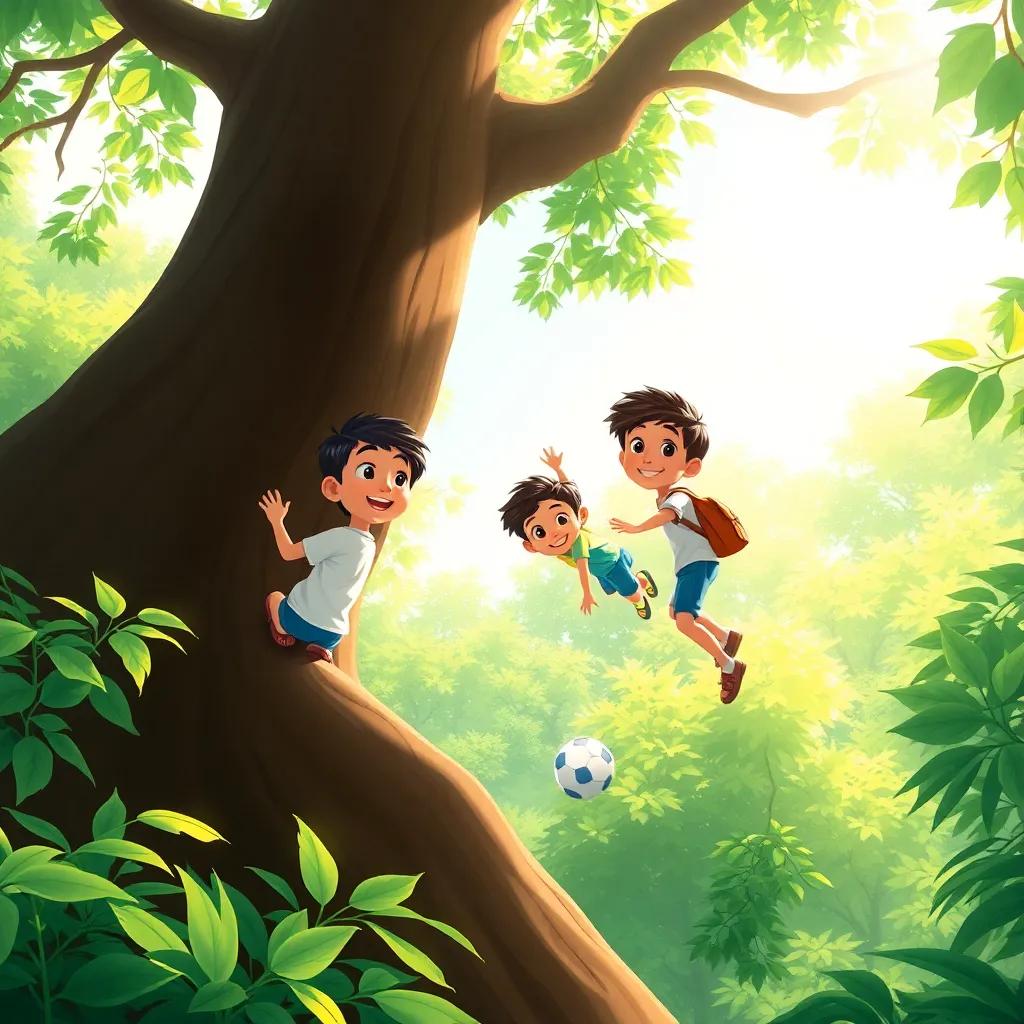 Three brothers, with dark hair, climbing a giant tree in a lush green forest, surrounded by sunlight filtering through the leaves, adventure-themed, child-friendly, bright colors, dynamic composition, illustration