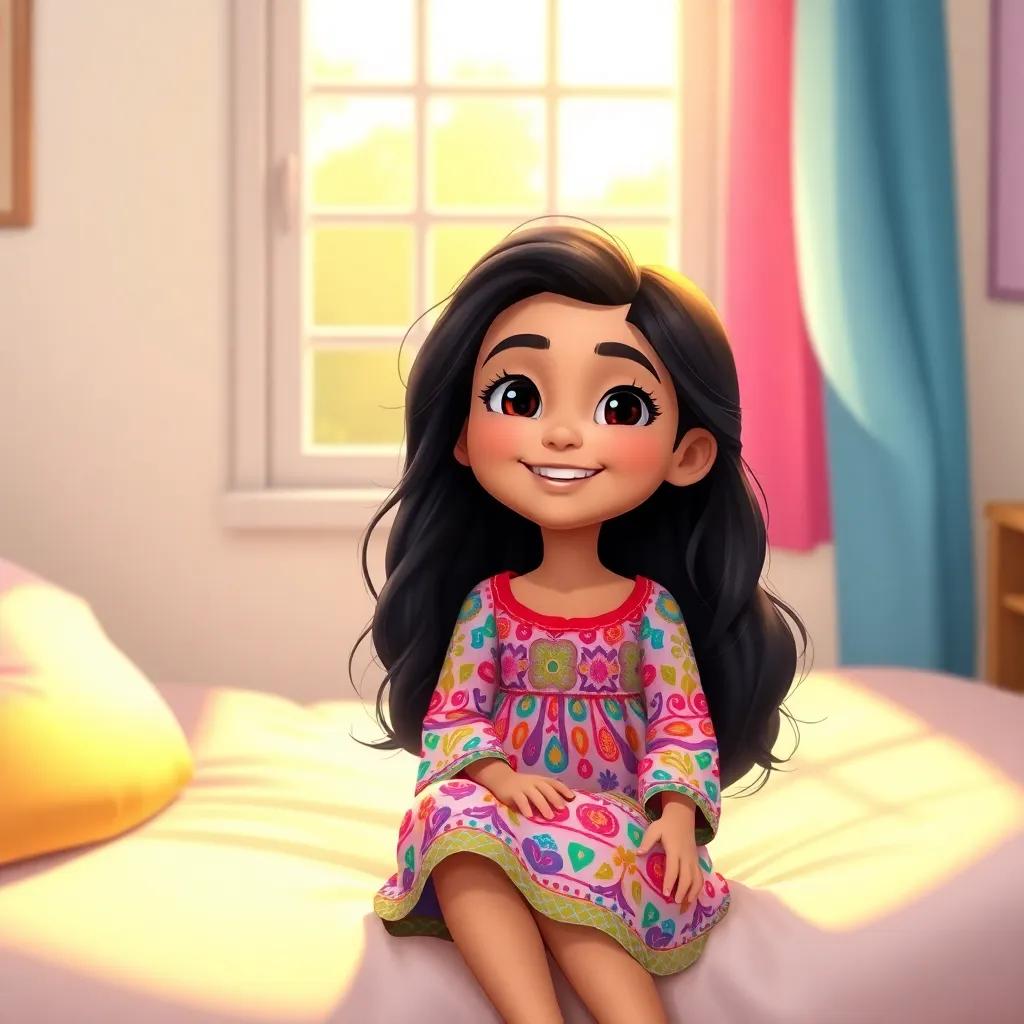 A young Arabic girl, Leila, with long dark hair wearing a colorful dress, sitting on her bed with a sunny window, beaming with joy and happiness, digital art, bright colors, cheerful atmosphere, high quality