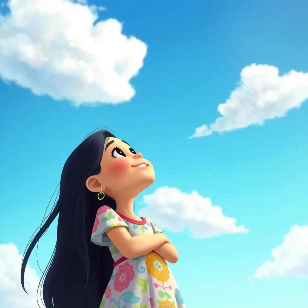 Leila, a young Arabic girl, with long dark hair wearing a colorful dress, looking up at a bright blue sky with fluffy white clouds, smiling with gratitude, illustration, vibrant, positive energy, child-friendly