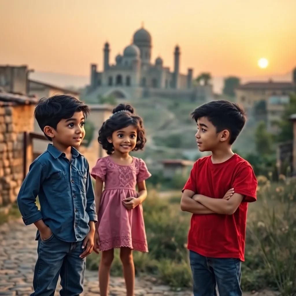 A serene village at dawn with three kids: Sami, a Middle-Eastern boy, wearing a blue shirt and jeans; Layla, a Middle-Eastern girl, with curly black hair wearing a pink dress; Rashid, a Middle-Eastern boy with short hair in a red t-shirt, gathered to discuss the haunted castle, warm morning light, peaceful atmosphere, joyful mood, high quality
