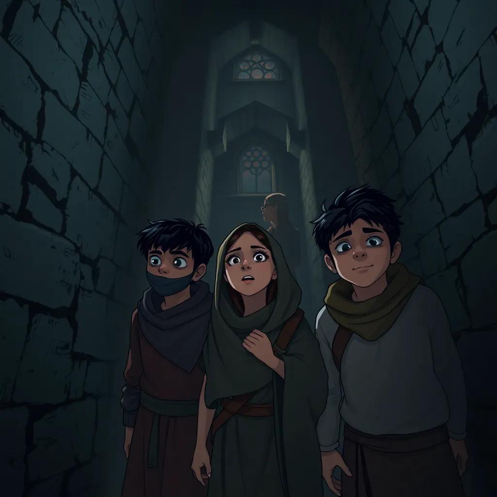 Inside an eerie castle with dark walls, Sami, Layla, and Rashid exploring, with expressions of awe and fear, dim lighting creating shadows, mysterious atmosphere, fantasy illustration, high quality