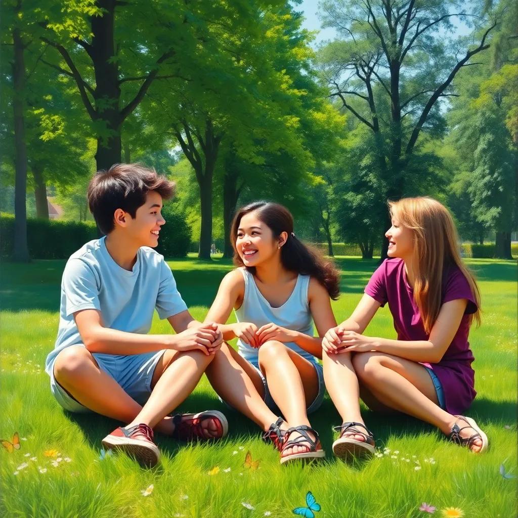 Three friends sitting in a lush green park on a sunny day, with joyful expressions, talking animatedly about playing a game, vibrant colors, cheerful atmosphere, high quality