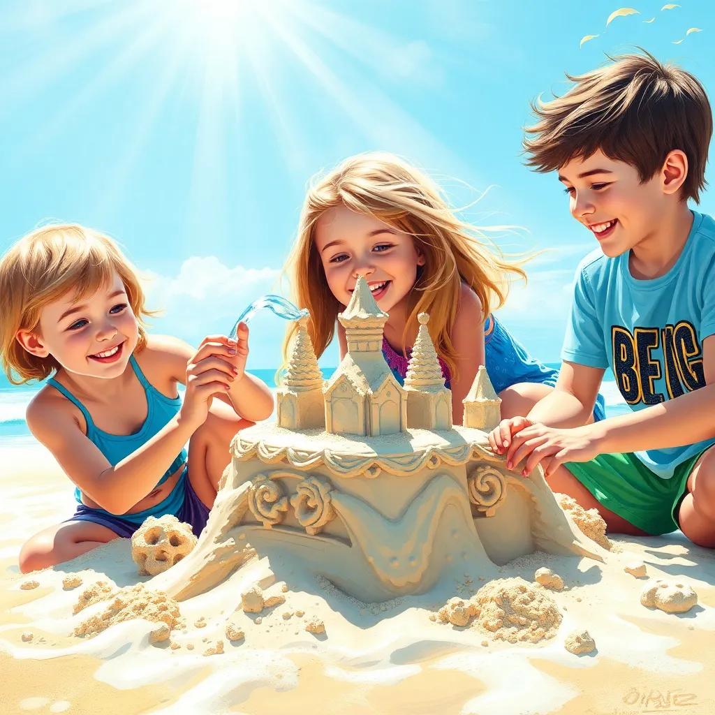 Three friends working together to build a sandcastle at the beach, one holding water, another shaping the sand, smiling and laughing, with bright sunlight and blue skies, kid-friendly, colorful, detailed