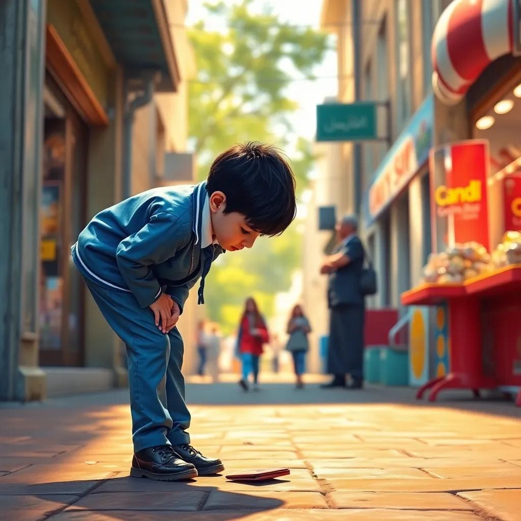 A 12-year-old smart Arab boy, Salim, with short black hair and wearing a blue school uniform, bending down to pick up a wallet on the street next to a candy shop, warm afternoon light, child-friendly, engaging perspective, high quality