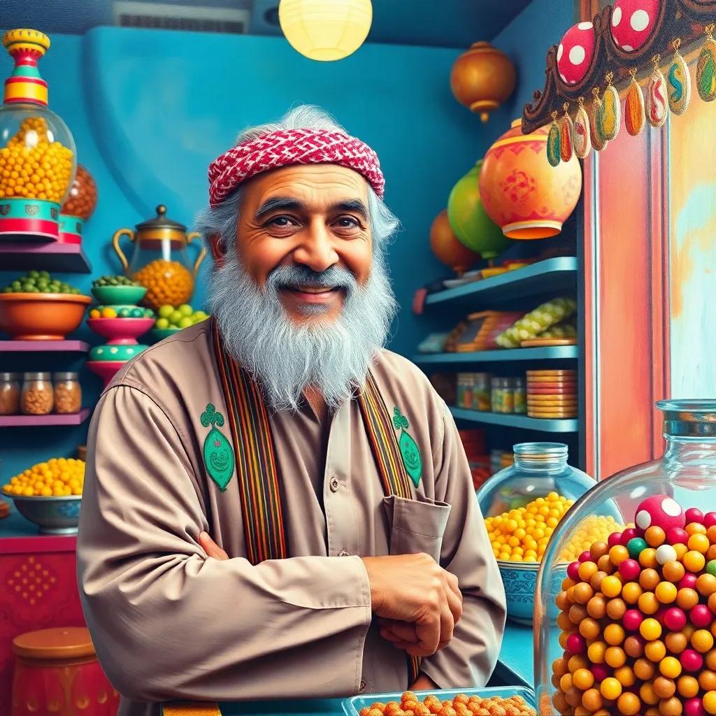 An elderly Arab man, Uncle Hassan, with gray hair, wearing traditional clothing and a friendly smile, standing behind his colorful candy shop counter, with sweets in display, bright and inviting, cheerful atmosphere, high quality