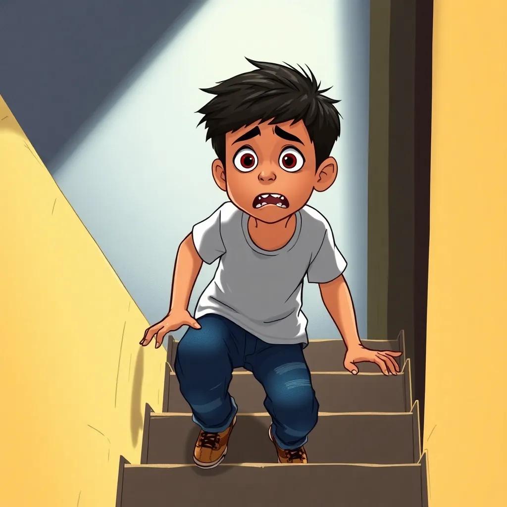 Khaled, a young Arab boy with short black hair, wearing a T-shirt and jeans, struggling to climb stairs, looking breathless and worried, illustration, dramatic lighting, concerned expression, storytelling view, child-friendly