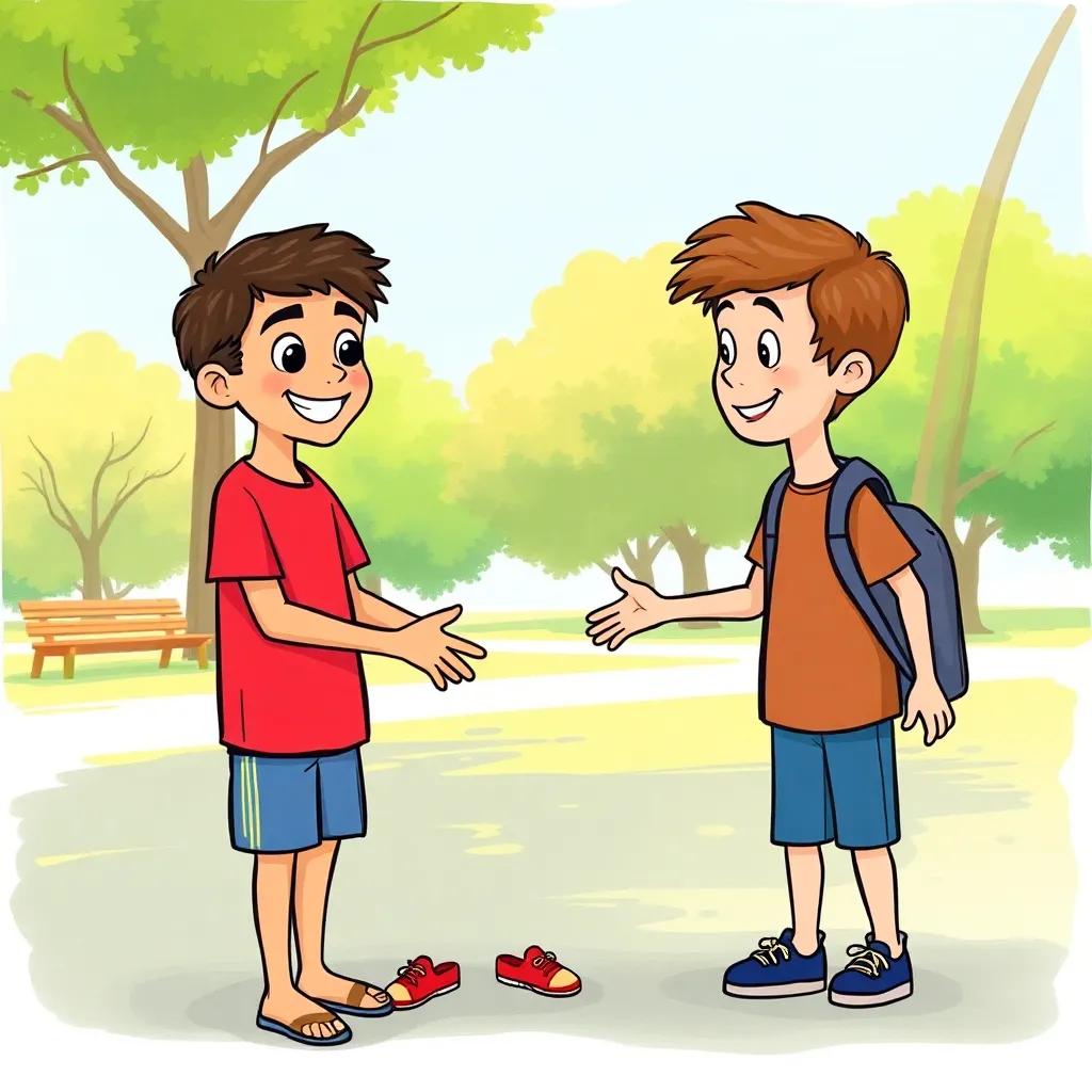 A young Arab boy, Jaber, wearing a red shirt and blue shorts, smiling and greeting his friend James, a young boy with fair skin and brown hair, in a sunny park, friendly atmosphere, cheerful vibe, bright colors