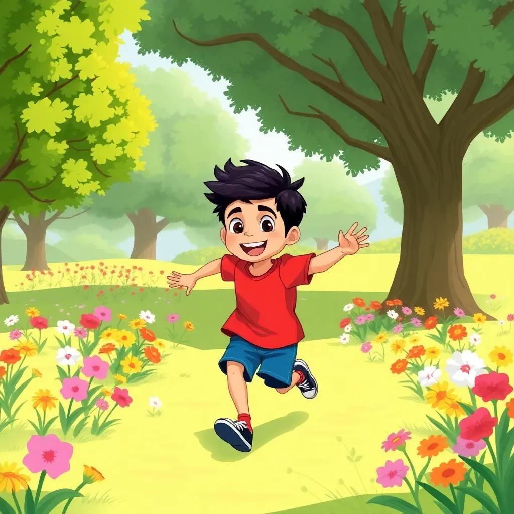 Jaber, a young Arab boy in a red shirt and blue shorts, running excitedly in a green park filled with colorful flowers and big trees, digital art, joyful scene, lively colors, child-friendly