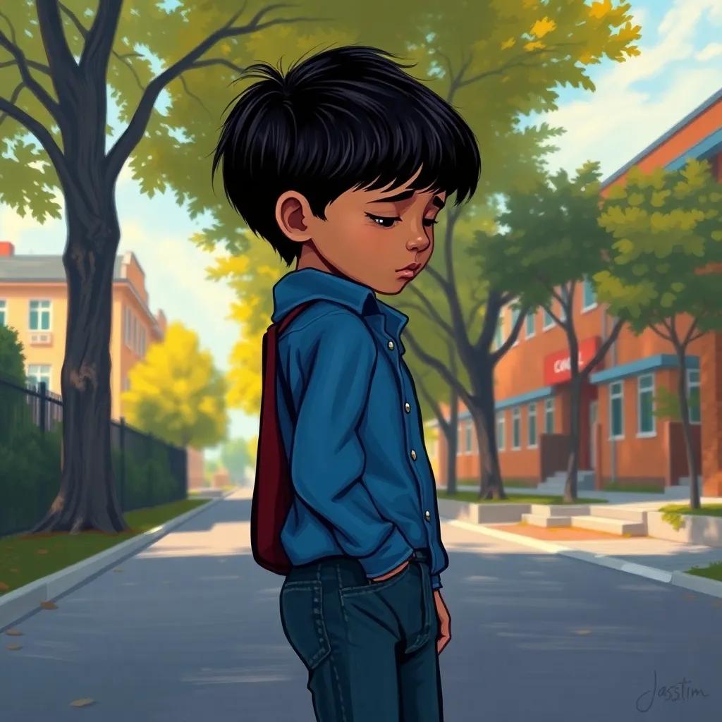 A sad boy, Jassim, looking down at the ground as he walks to school, wearing a blue shirt and jeans, with short black hair, surrounded by trees and school buildings, digital art, warm colors, melancholic mood, child-friendly, high quality