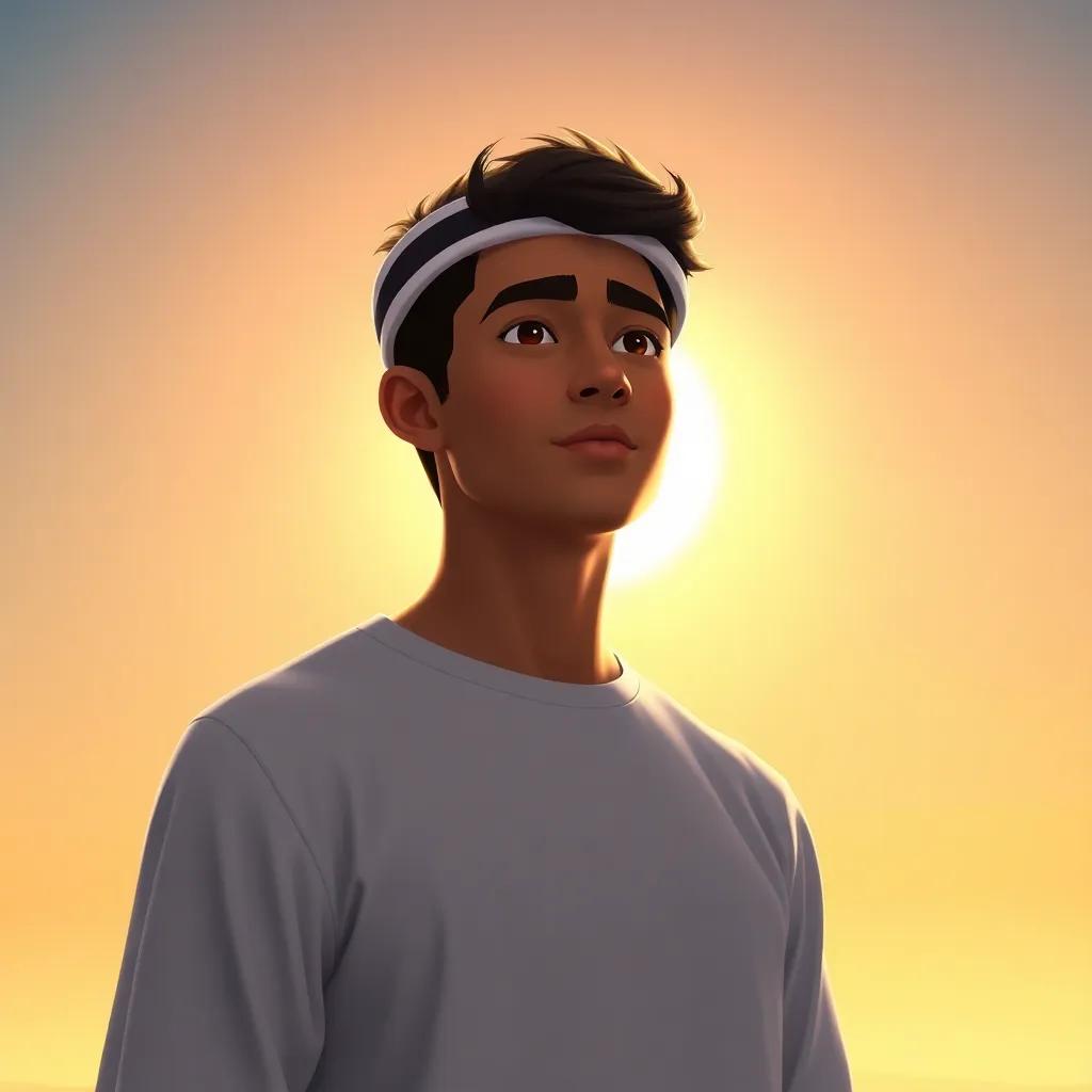 A young Qatari man named Jassim, looking hopeful and determined, standing in front of a bright horizon, symbolizing a new beginning, digital art, warm colors, uplifting atmosphere, high quality