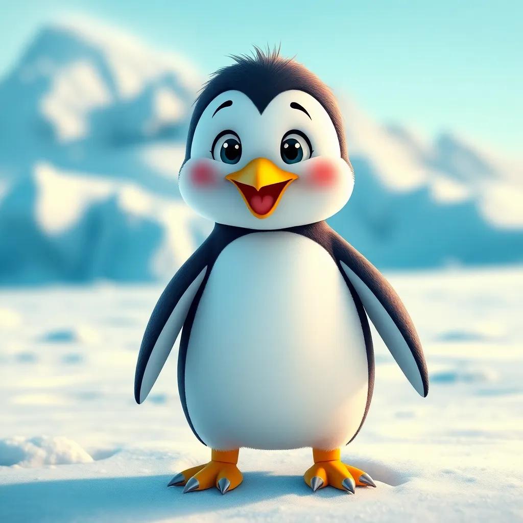 A cute penguin named James, with a long beak, standing on a snowy ice at the South Pole, surrounded by snowy landscape, bright colors, cheerful atmosphere, playful expression, digital art, vibrant