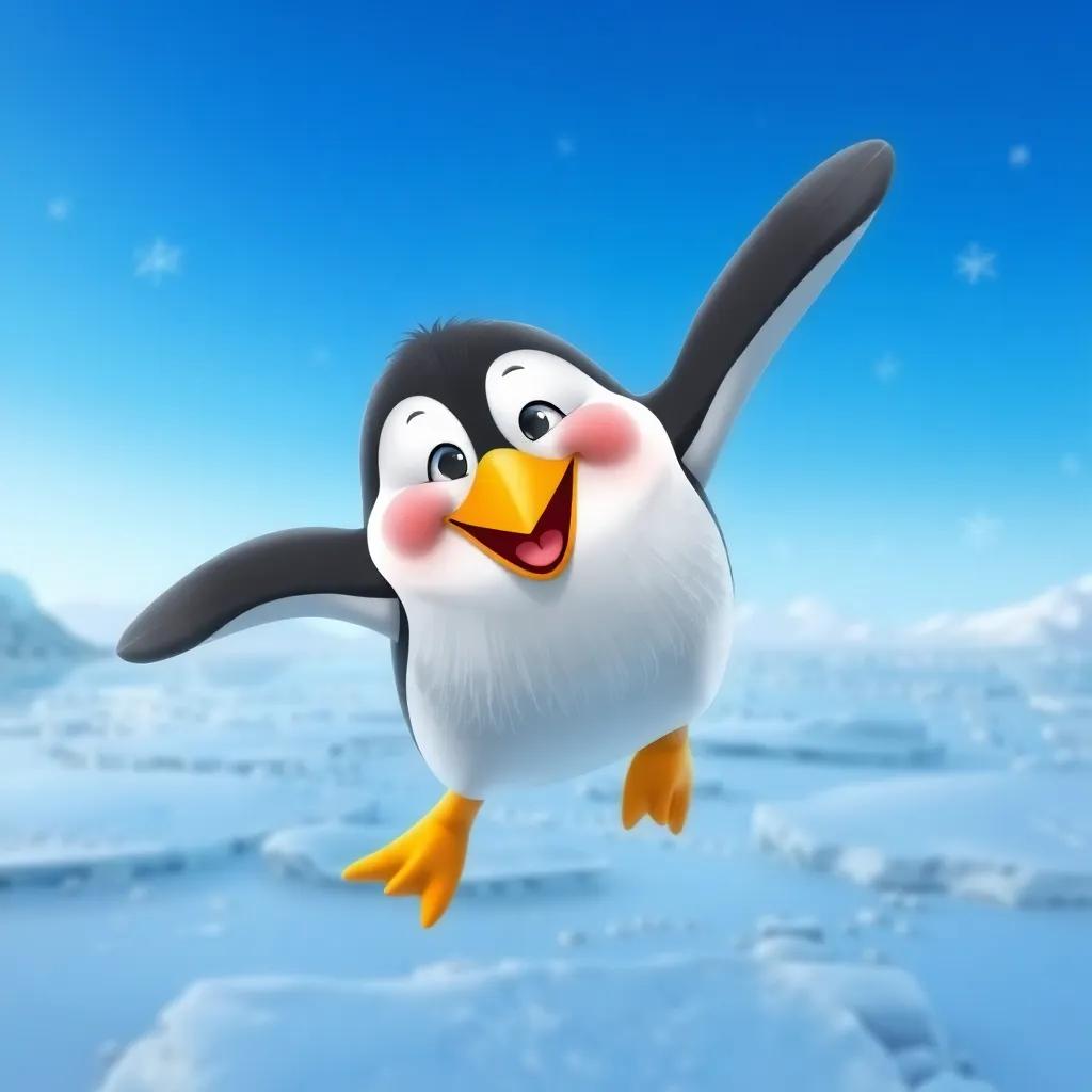 A joyful penguin named James with a long beak, flying over the icy landscape, blue sky above, snowflakes twinkling around him, dynamic motion, illustration, cheerful vibe, child-friendly