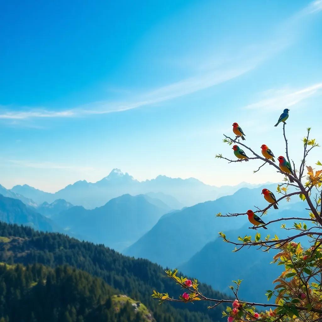 A beautiful mountain landscape, with high and majestic mountains under a bright blue sky, colorful birds singing joyfully on tree branches, digital art, vibrant colors, serene atmosphere, high quality