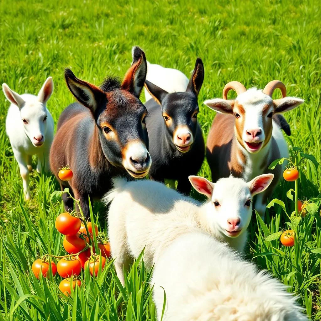 Various animals like donkeys, goats, and sheep playing in the lush green grass, with a happy tomato plant nearby, bright sunny day, playful atmosphere, colorful, child-friendly
