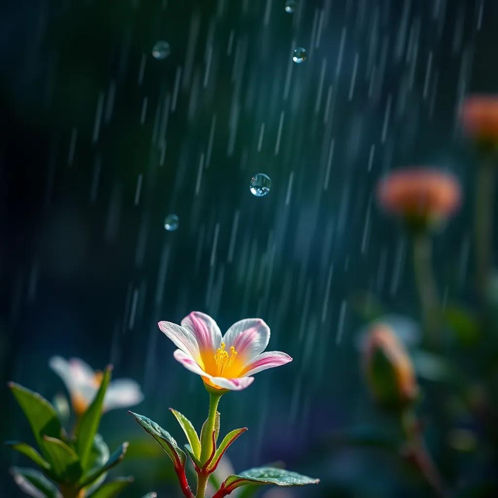 A small flower blooming in the garden, drops of rain falling on it, the flower is vibrant and cheerful and looking up with gratitude to the sky, magical atmosphere, detailed art