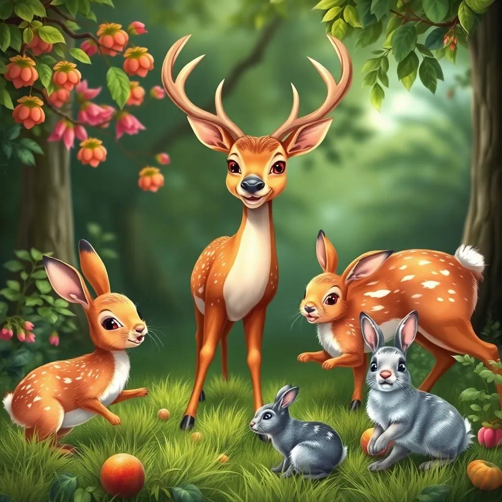 Deer and rabbits enjoying the greenery, a deer with a proud stance and rabbits hopping around, joyful ambiance, nature-inspired illustration, colorful