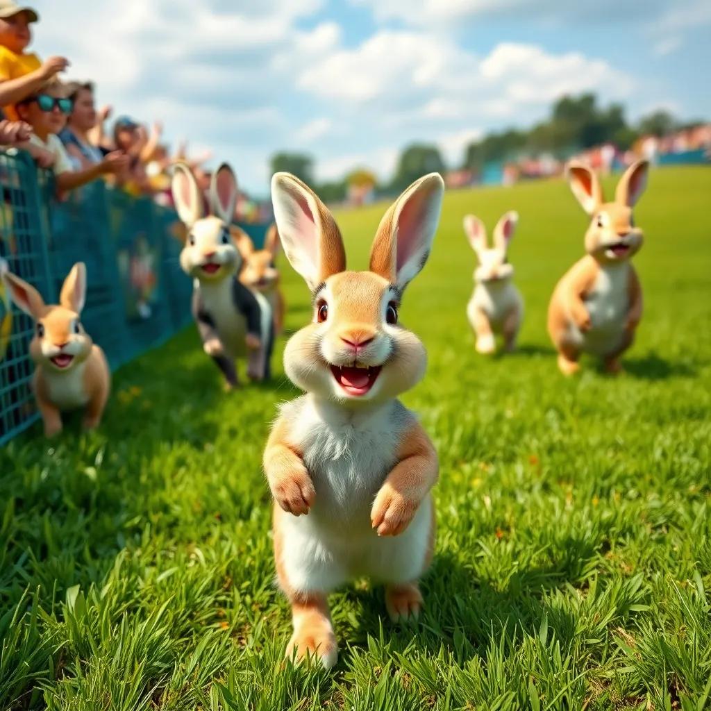 A playful rabbit entering the grassy field with a big smile, other animals excitedly getting ready for a race, vibrant and fun setting