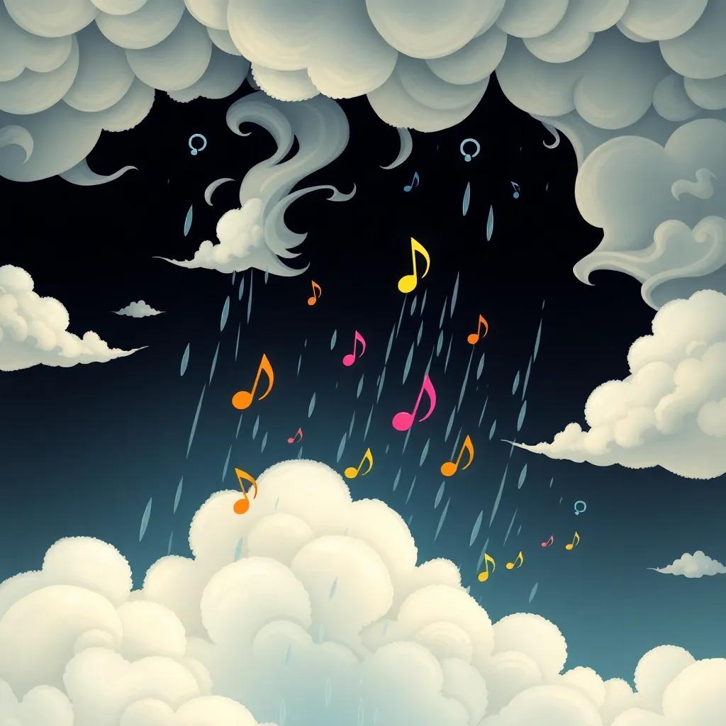 Clouds swirling above, creating droplets of rain, with colorful music notes coming from them, a whimsical atmosphere and lively illustration