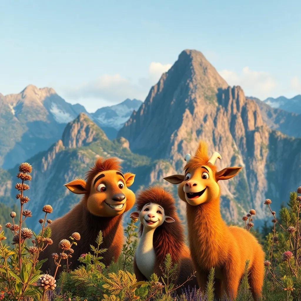 Mountains and plants together with a friendly relationship, mountains towering and animals smiling in appreciation, warm colors, friendly interaction