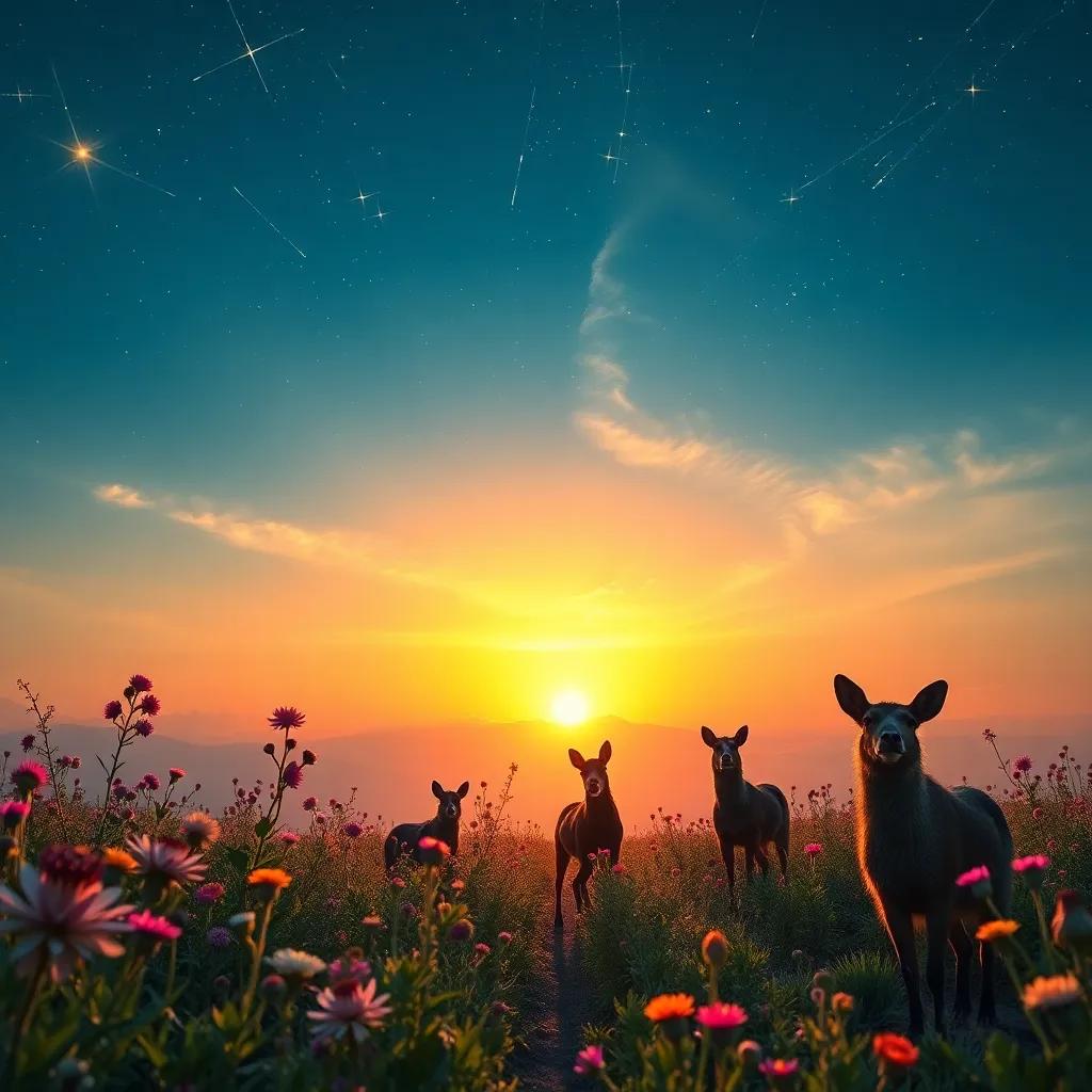 A beautiful sunset with twinkling stars in the sky, flowers and animals looking up, amazed by the beauty of creation, serene and warm atmosphere
