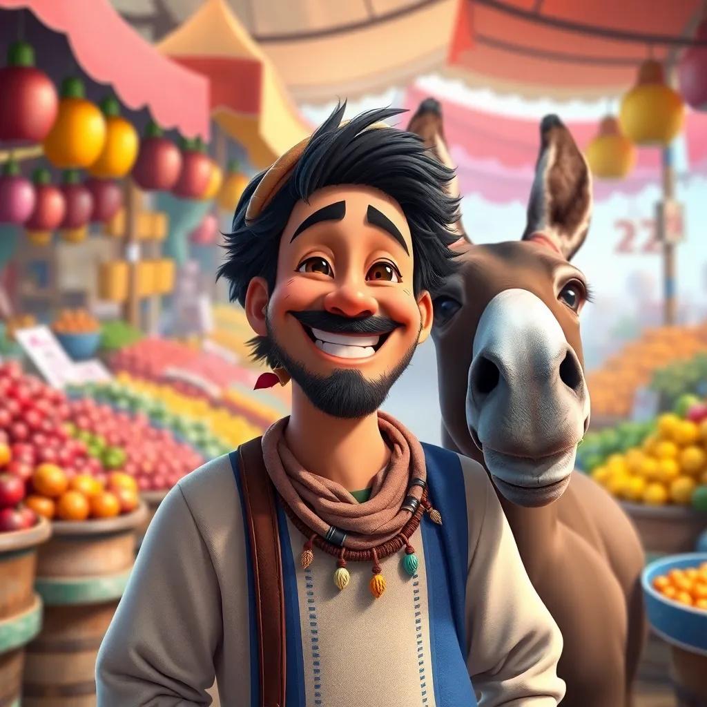 A cheerful man, Juha, with a big smile, wearing a traditional outfit, talking to his donkey, in a lively market scene with colorful fruit stalls, vibrant colors, cheerful atmosphere, digital art