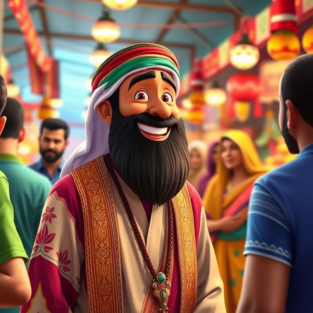 A happy Arab man, Juha, with a long beard and a colorful traditional outfit, talking with friends in a lively market, bright colors, cheerful atmosphere, engaging scene.