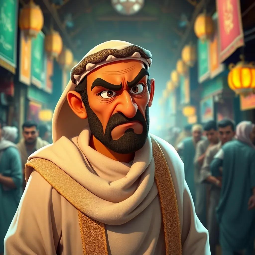 An angry Arab judge, with a serious expression and wearing a grand white robe, searching for Juha in a crowded marketplace, vivid colors, detailed background, humorous perspective.