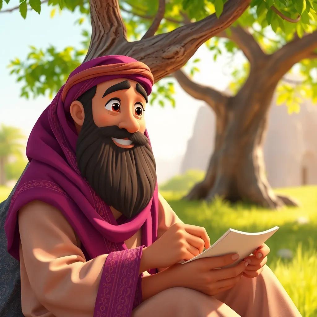 Juha, a happy Arab man, with a long beard and colorful traditional clothes, sitting under a tree writing a letter, calm and focused expression, bright sunlight, cheerful colors.