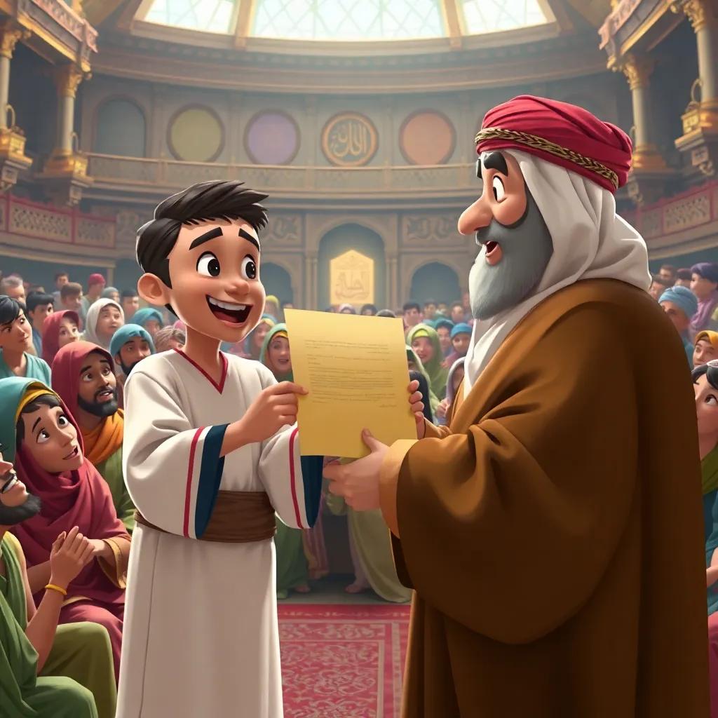 Juha, presenting his letter joyfully to an astonished Arab judge, in a busy court filled with eager spectators, colorful robes, lively expressions, inviting atmosphere.
