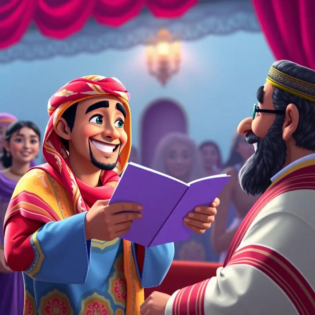 Juha, an Arab man in colorful clothes, smiling while reading the funny letter to the crowd, with the judge beside him laughing, bright colors, cheerful scene, engaging view.