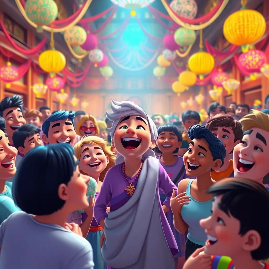 A crowded court full of joyful people, with Juha being the center of attention, everyone is laughing and enjoying, colorful decorations, bright and vivid expressions, engaging scene.