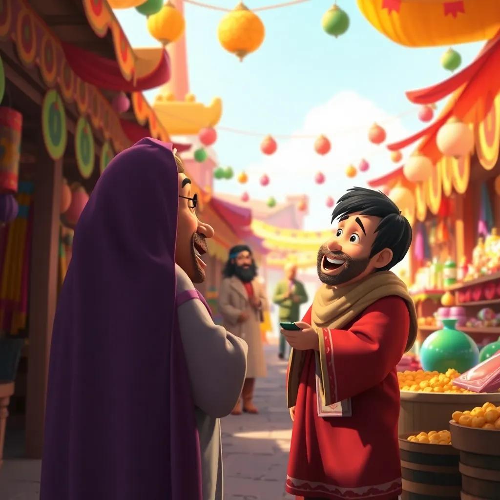 Juha, back in the marketplace, joyfully sharing his adventures and new friendship with the judge, with colorful stalls and laughter around, bright and festive colors, heartwarming scene.