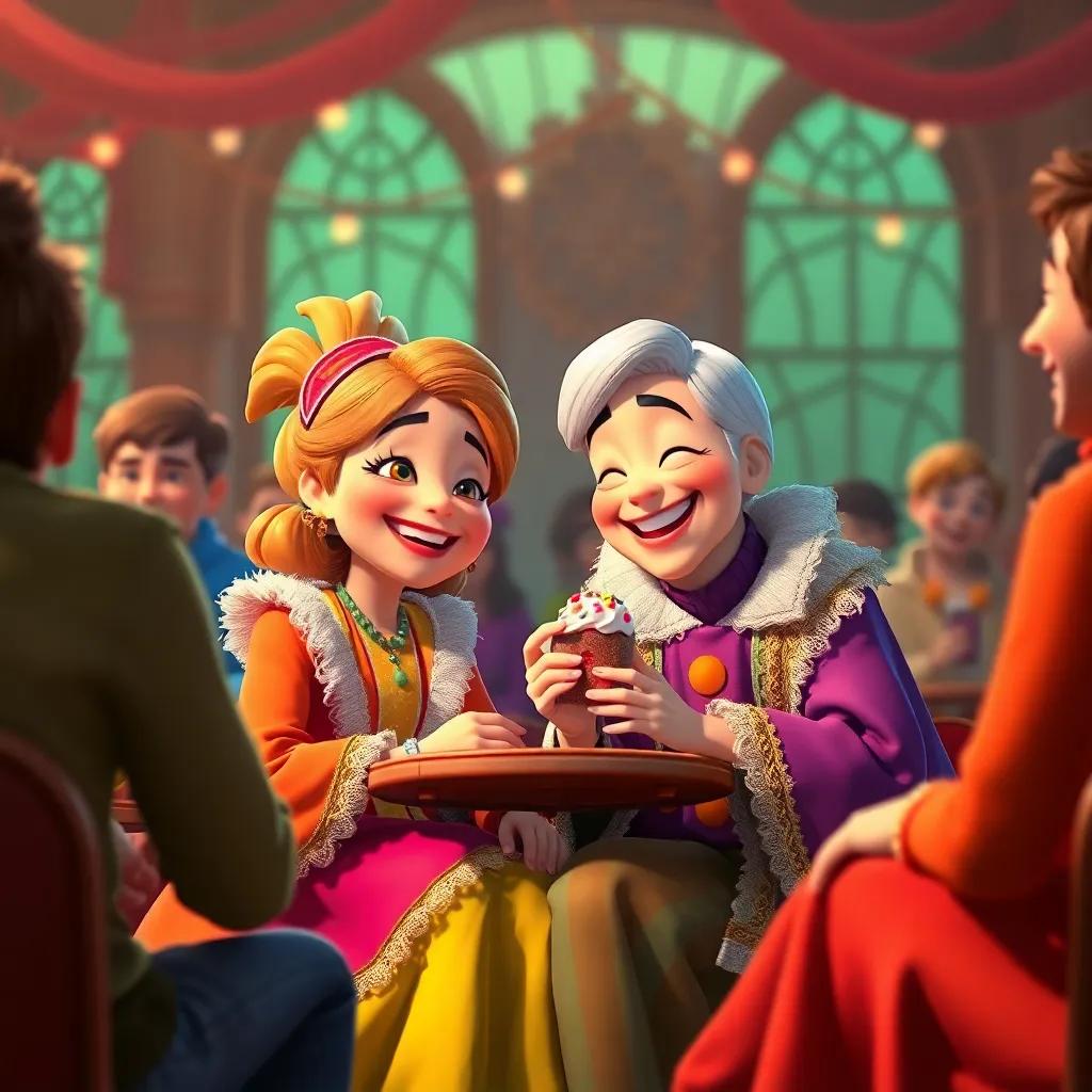 Juha and the judge, sitting together laughing and enjoying a sweet, surrounded by friends, colorful outfits, a warm and joyful atmosphere.