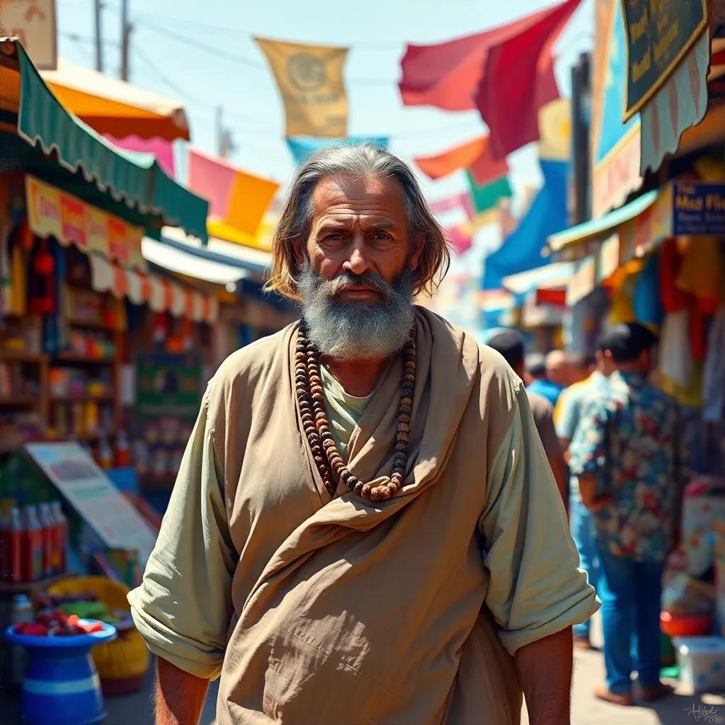 A wise man, Juha, wearing a simple tunic, walking through a bustling market filled with colorful stalls, cheerful atmosphere, midday sunlight, vibrant colors, engaging scene, high quality