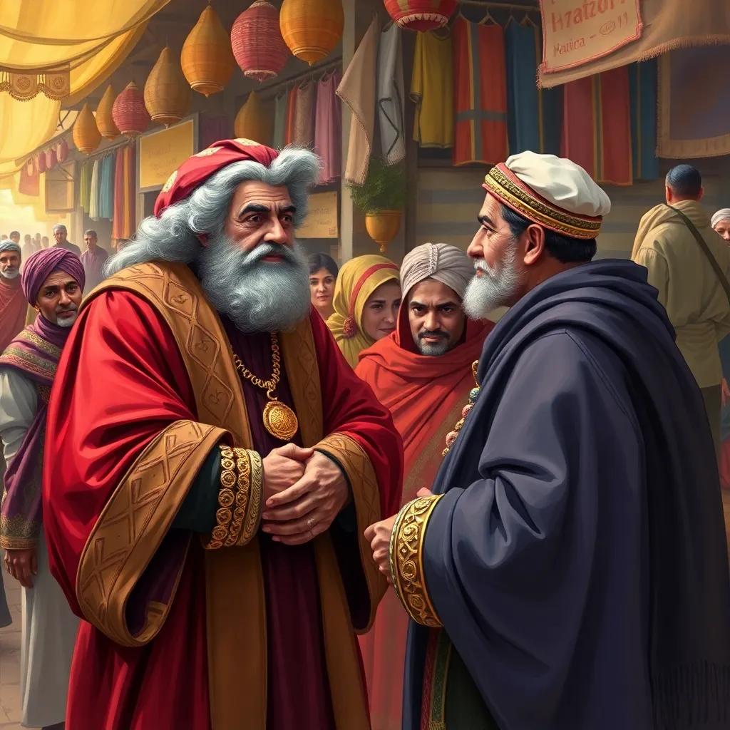 Juha talking to a wealthy judge wearing a fancy robe and gold bracelets, surrounded by traders, lively market background, detailed digital art, warm colors, humorous interaction, high quality