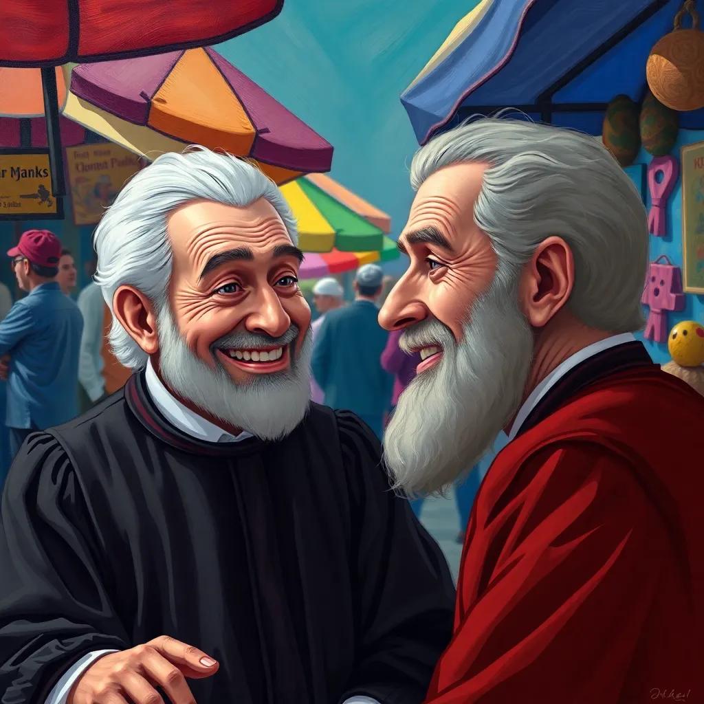 The judge smiling while looking at Juha, with a humorous expression, colorful market in the background, digital painting, cheerful vibe, sharp focus, high quality