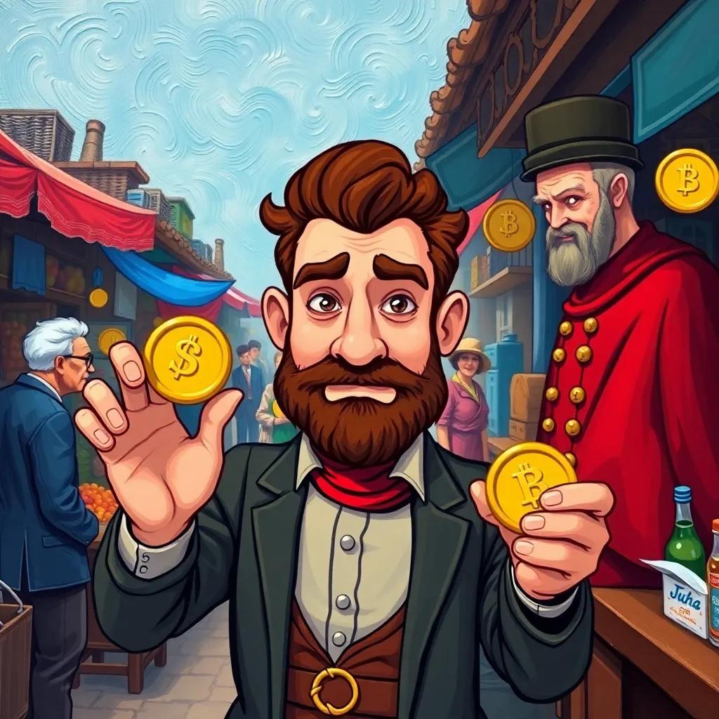 Juha holding a gold coin in his hand, standing in front of the judge with a serious expression, playful atmosphere, lively market scene, cartoonish style, bright colors