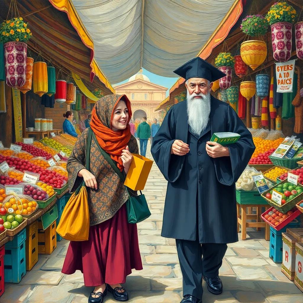 Juha and the judge walking through the market together, each holding items they bought, friendly interaction, colorful stalls around them, vibrant illustration, high quality